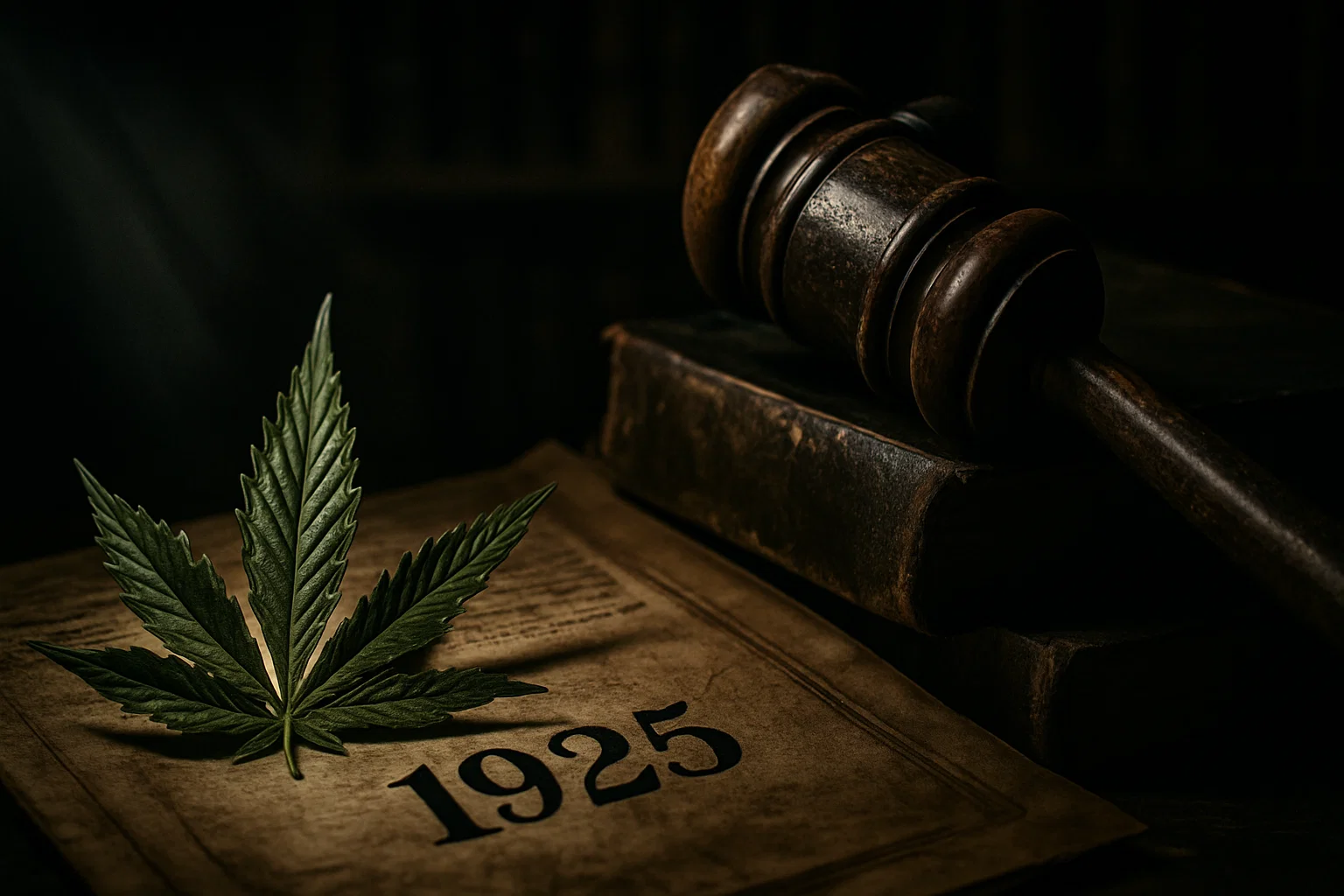 Historisches Dokument von 1925 mit einem Cannabisblatt und einem Richterhammer, symbolisch für 100 Jahre Prohibition