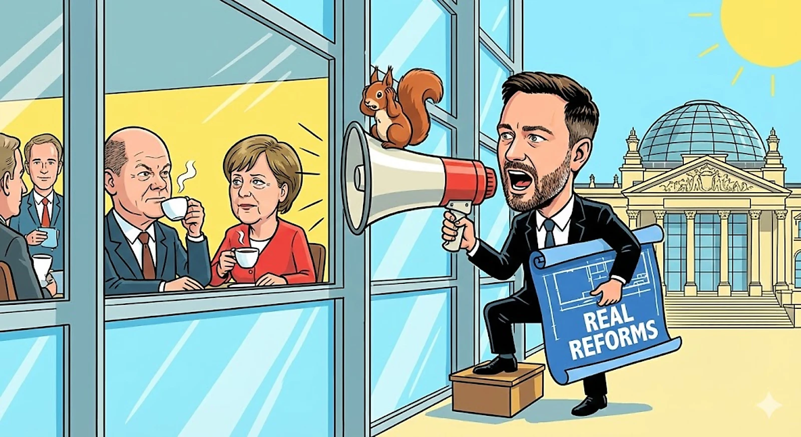 Karikatur: Dürr mit Megafon vor dem Bundestag