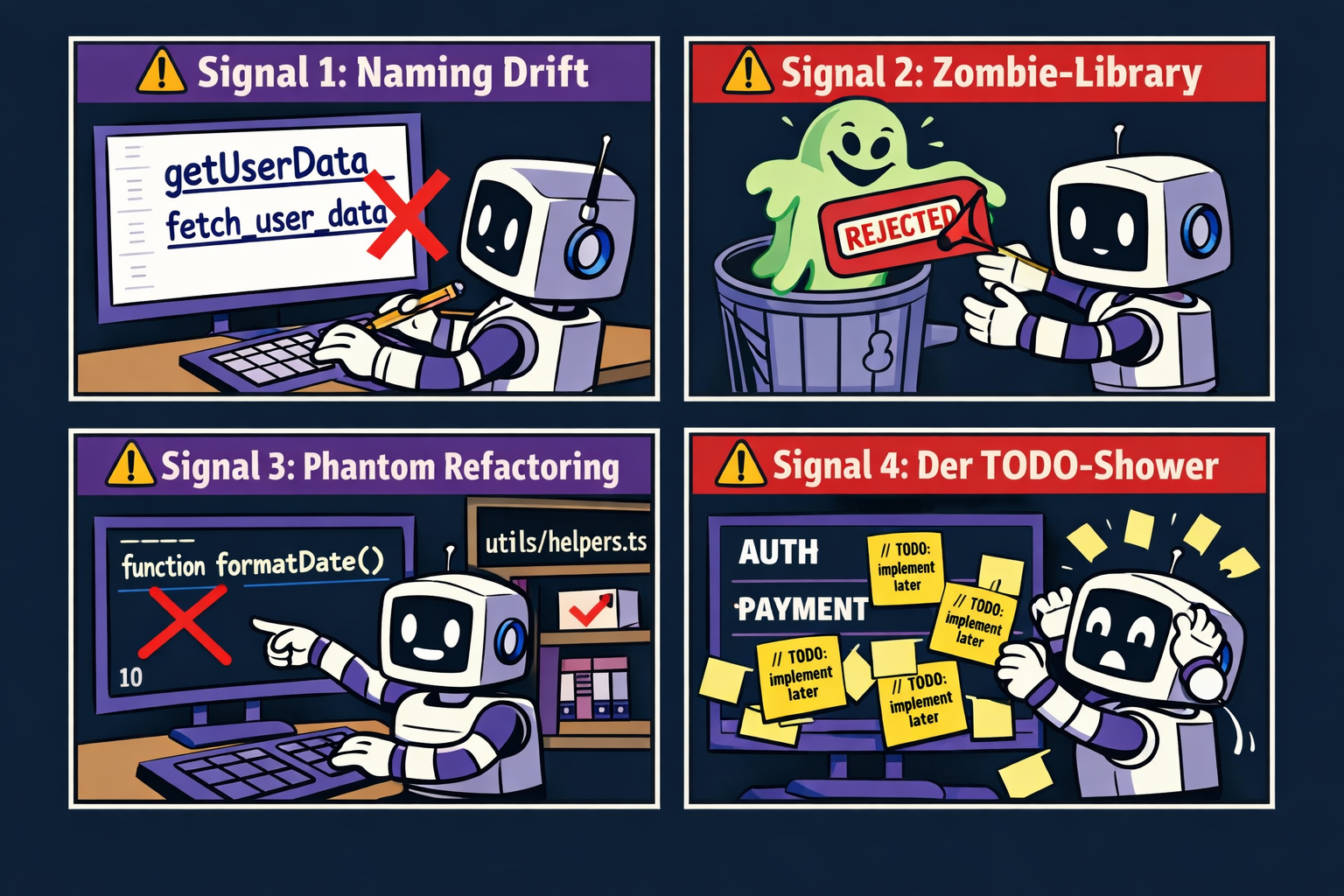Graph der Context Window Degradation – KI-Codequalität sinkt nach 15-20 Dateien messbar, TODO-Rate steigt, Konsistenz bricht ein