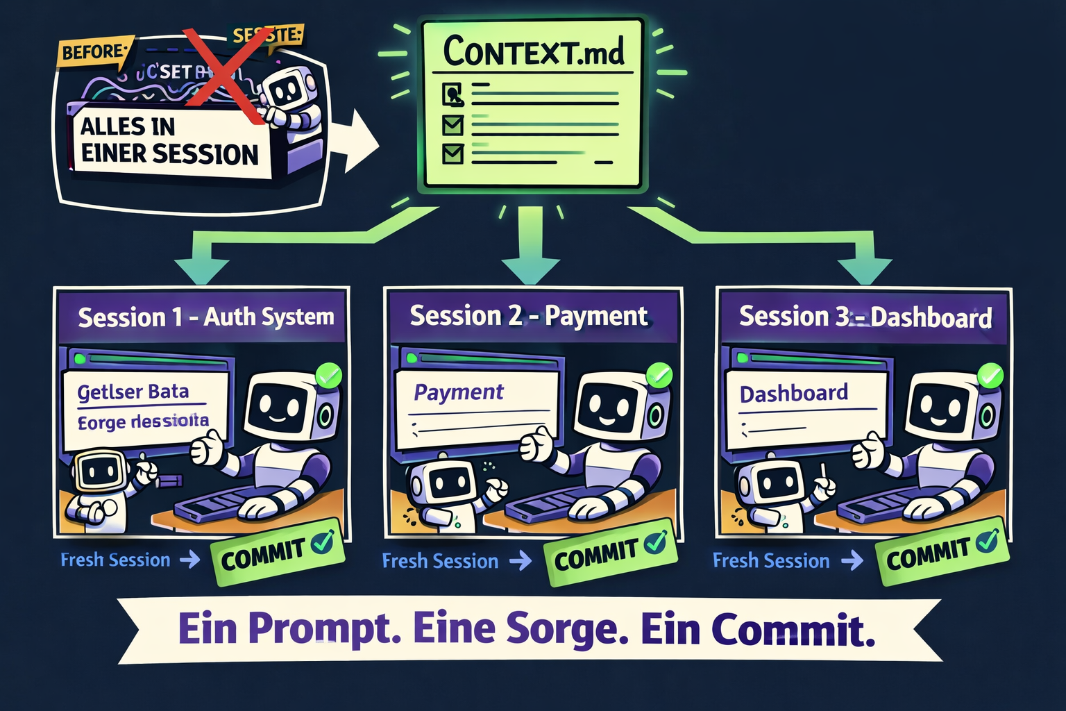 AI-friendly Modular Architecture Diagramm – CONTEXT.md als Anker, saubere Session-Grenzen, ein Prompt eine Sorge