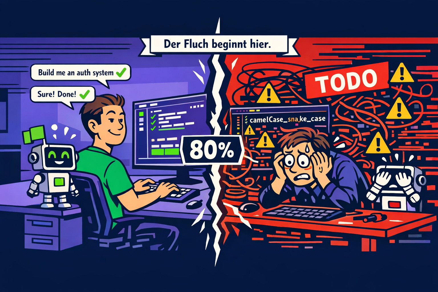 Vibe Coding 2026 – Der 80/20-Fluch: Ein Entwickler im Flow, während das Context-Window-Diagramm seiner KI im Hintergrund kollabiert