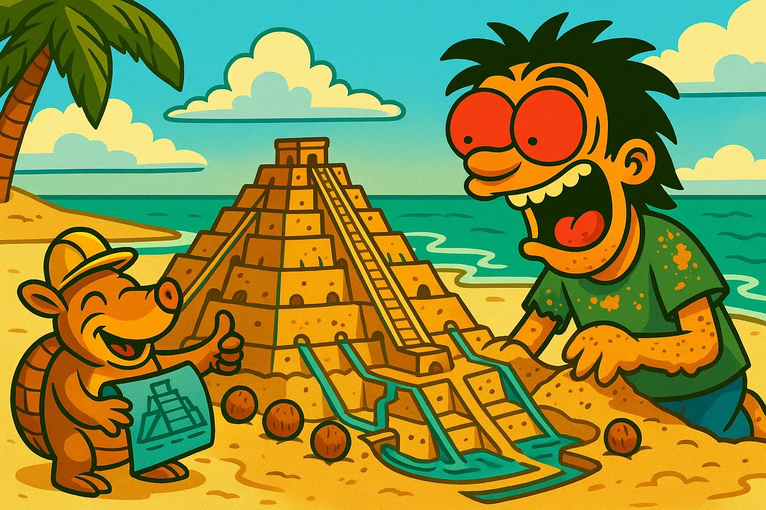 Comic 2: Held baut nach dem Rauchen eine komplexe Sandburg, während ein Gürteltier ihn verwirrt ansieht.