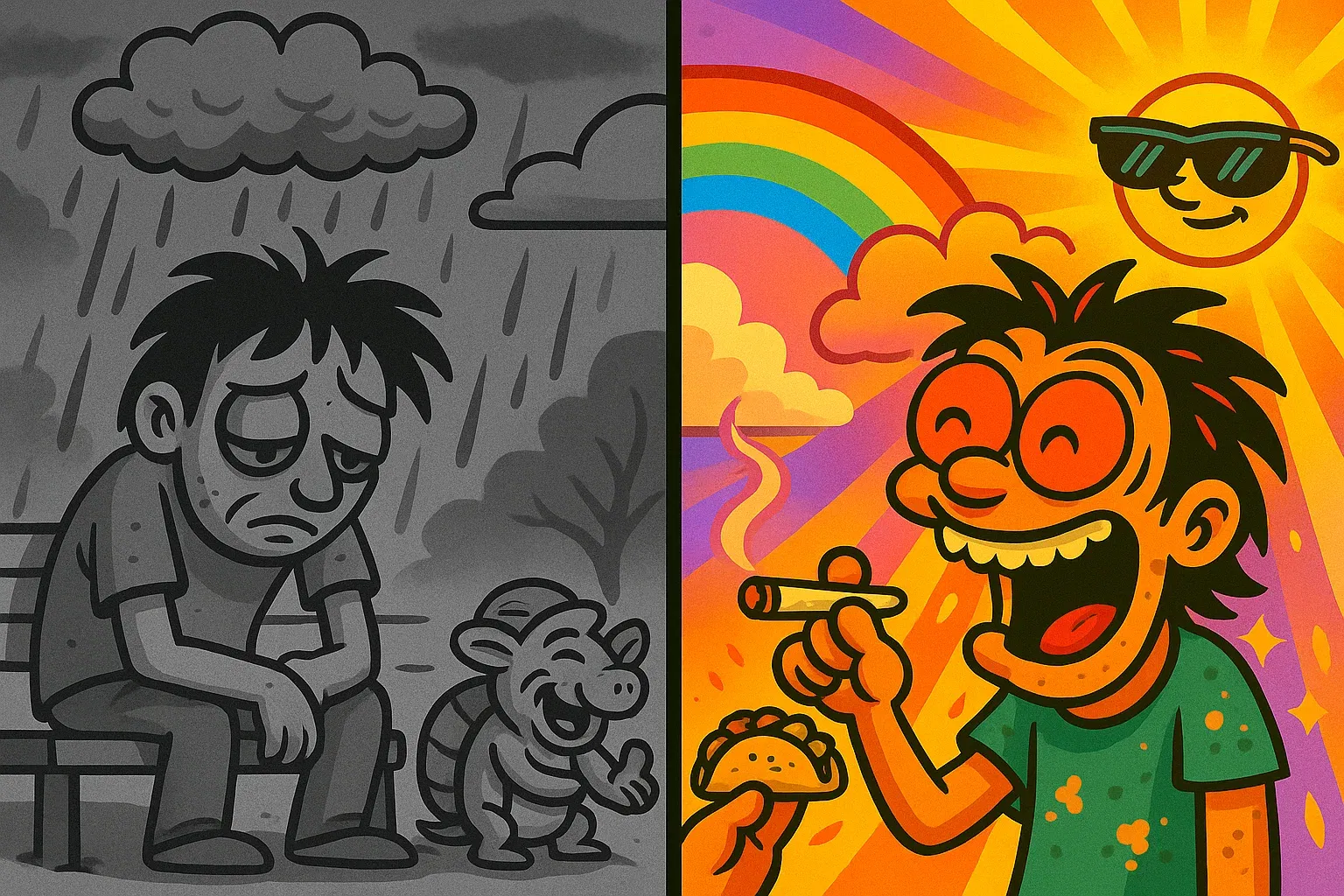 Comic 5: Held ist erst grau und traurig, nach einem Zug explodiert die Welt in Farbe.