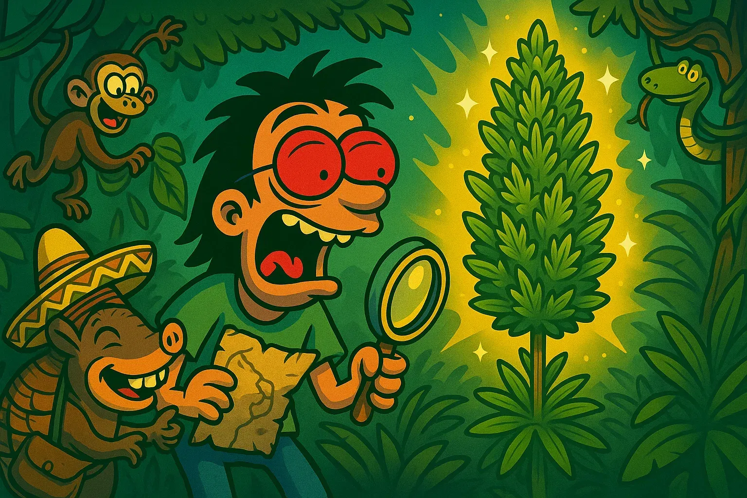Schatzsucher in Mexiko, der auf eine leuchtend goldene Cannabis-Pflanze stößt.