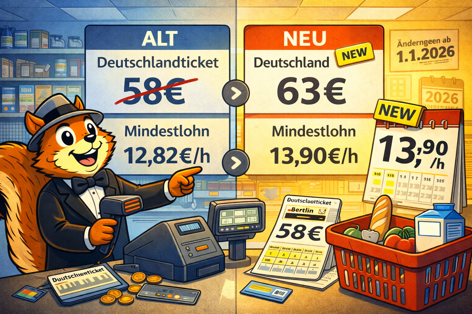 Illustration: Eichhörnchen-Figur vor einem Preisschild