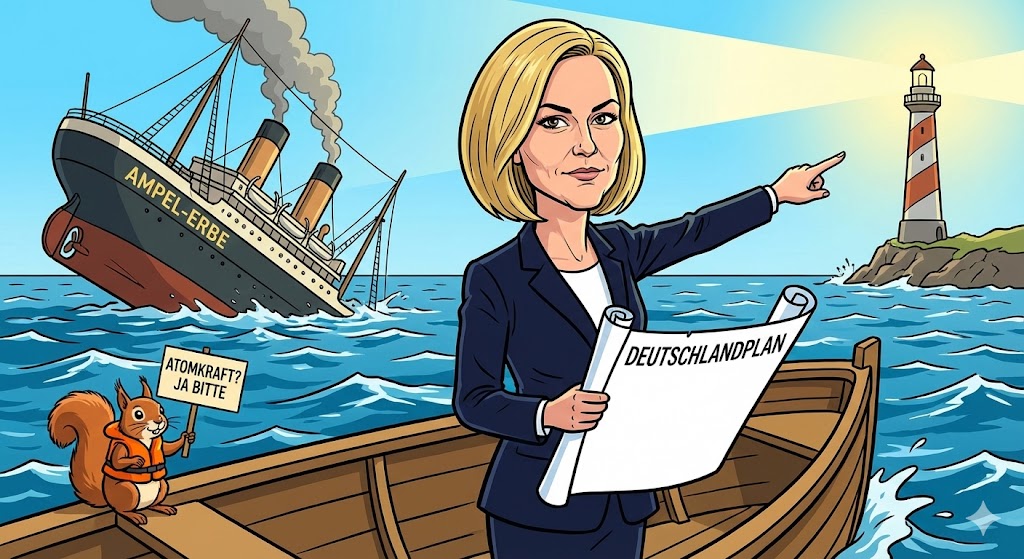 Karikatur: Alice Weidel in einem Rettungsboot vor einem sinkenden Schiff.