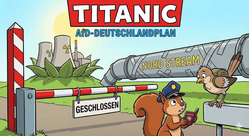 Karikatur: Geschlossene Grenze, Atomkraftwerk und geflickte Pipeline.