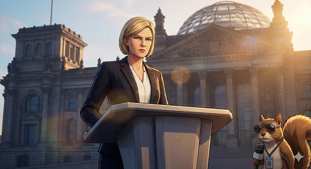 Alice Weidel am Rednerpult, im Hintergrund Symbolbild Verfassungsschutz.