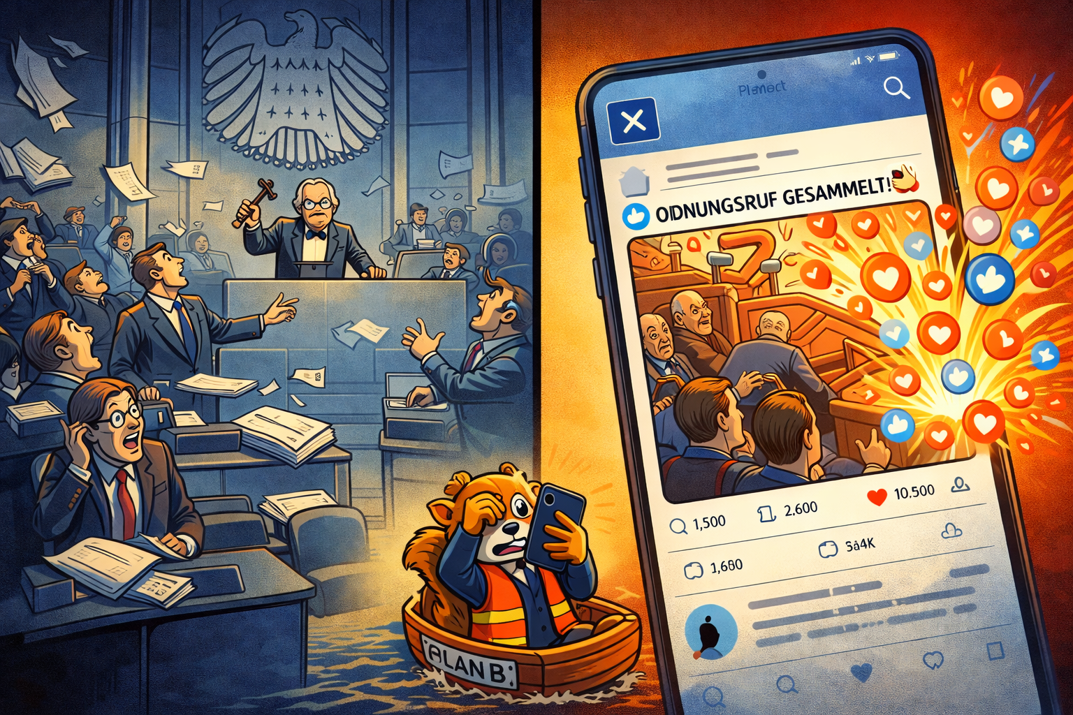 Karikatur: Ein riesiger Social-Media-Bildschirm zeigt 'Ordnungsruf gesammelt', während im Hintergrund das Bundestagsplenum im Chaos versinkt.