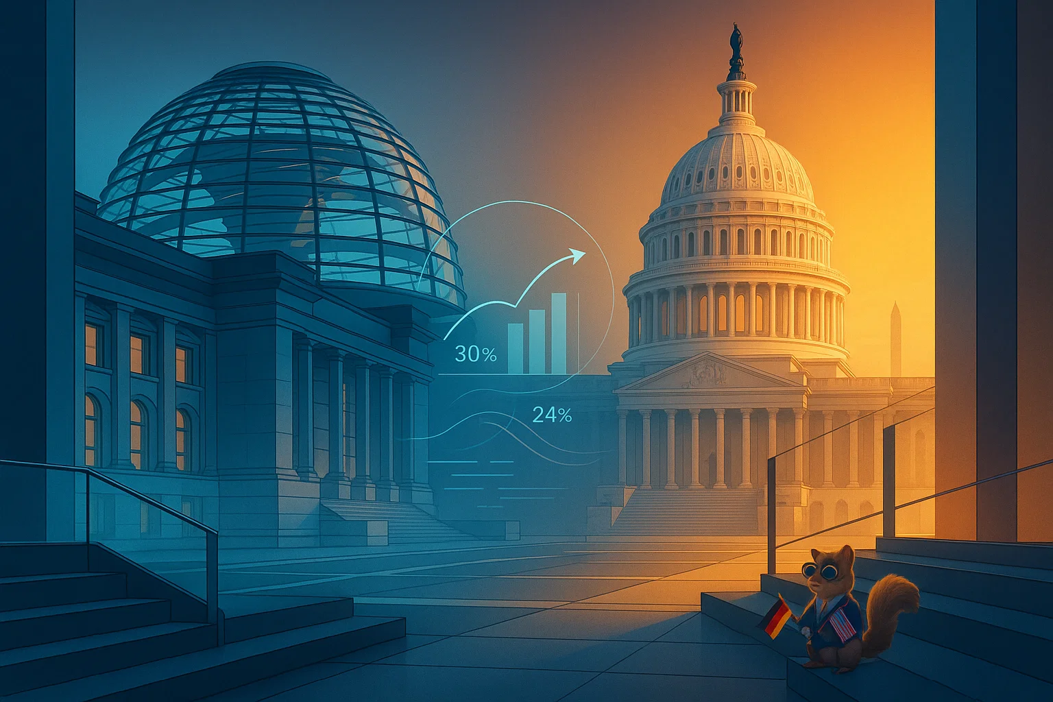 Illustration: Moderne Konferenzsituation mit getrennten Gesprächszonen, data-anchors im Hintergrund