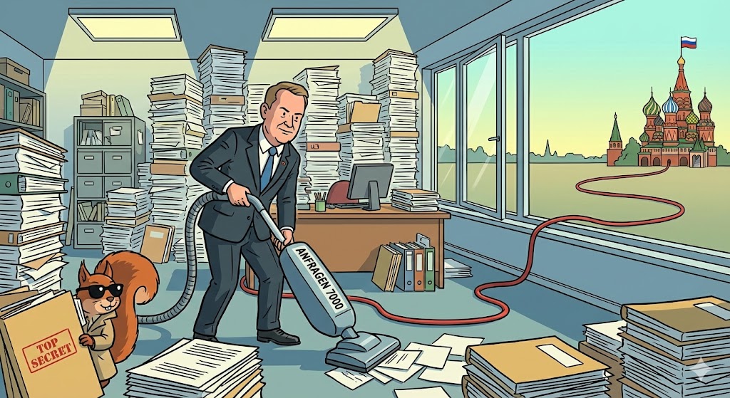 Karikatur: Ein AfD-Politiker reicht Aktenordner an einen russischen Bären und einen chinesischen Drachen.