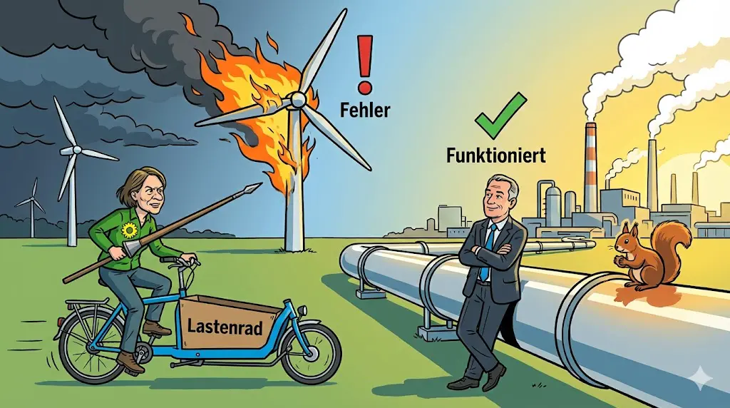 Satirische Karikatur: Ein Grünen-Politiker kämpft wie Don Quijote gegen ein brennendes Windrad, während ein AfD-Politiker entspannt an einer funktionierenden Pipeline lehnt.