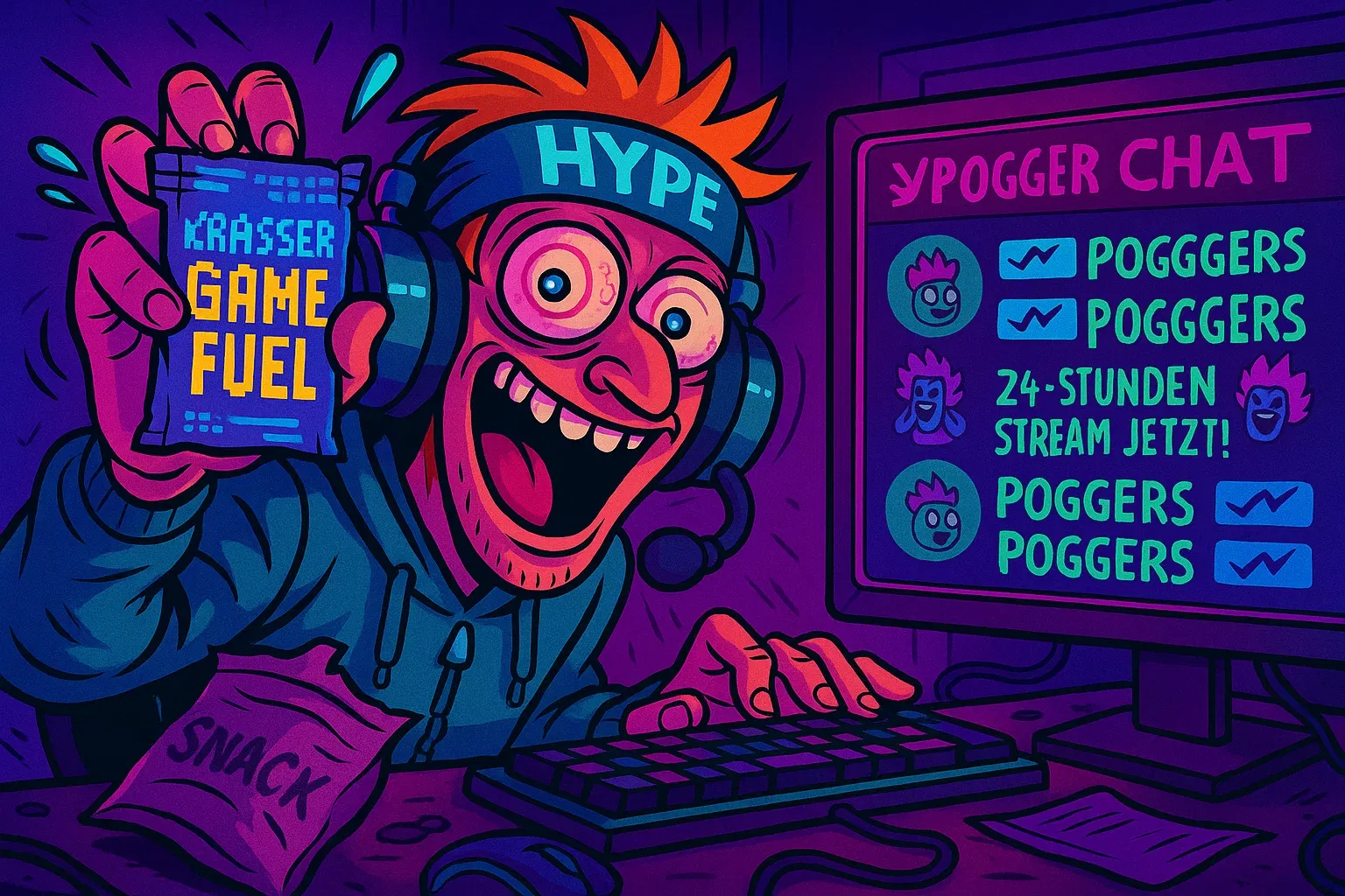 Comic: Streamer Kai 'Hype' Hendrik unboxt eine Zuschauer-Spende mit der Aufschrift 'KRASSER GAMER-FUEL' live im Stream.