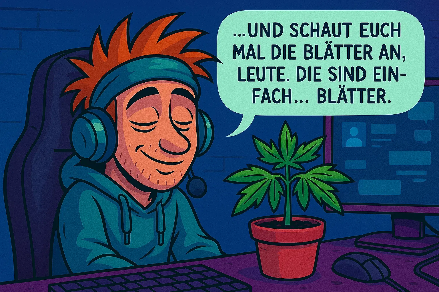 Comic: Kai betrachtet nun die stämmige, kompakte Afghani-Pflanze in seinem Zimmer und philosophiert über die Schönheit von Blättern.