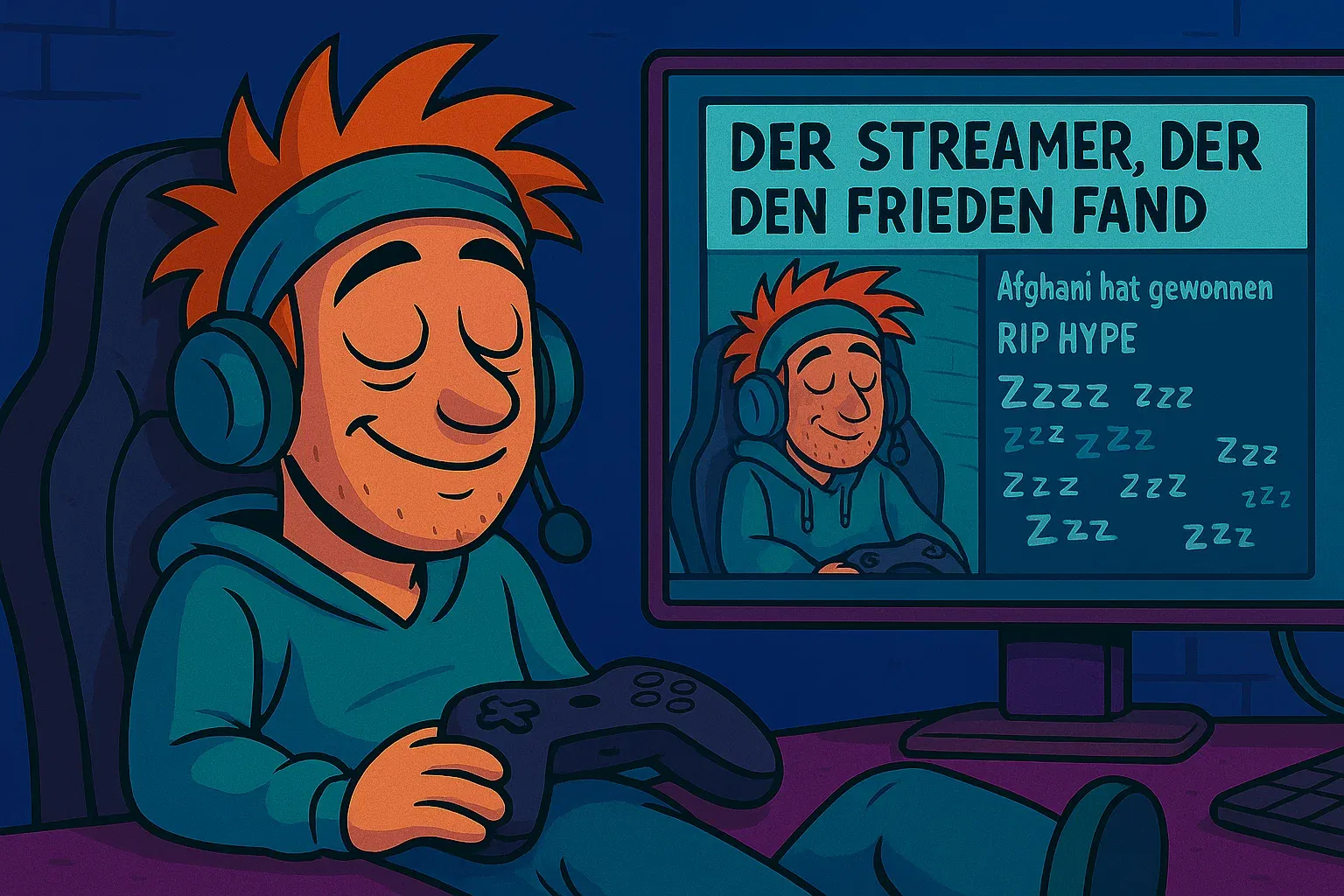 Comic: Kai ist in seinem Gaming-Stuhl eingeschlafen. Sein Chat hat ihn zu einem viralen Meme gemacht: 'Der Streamer, der den Frieden fand'.