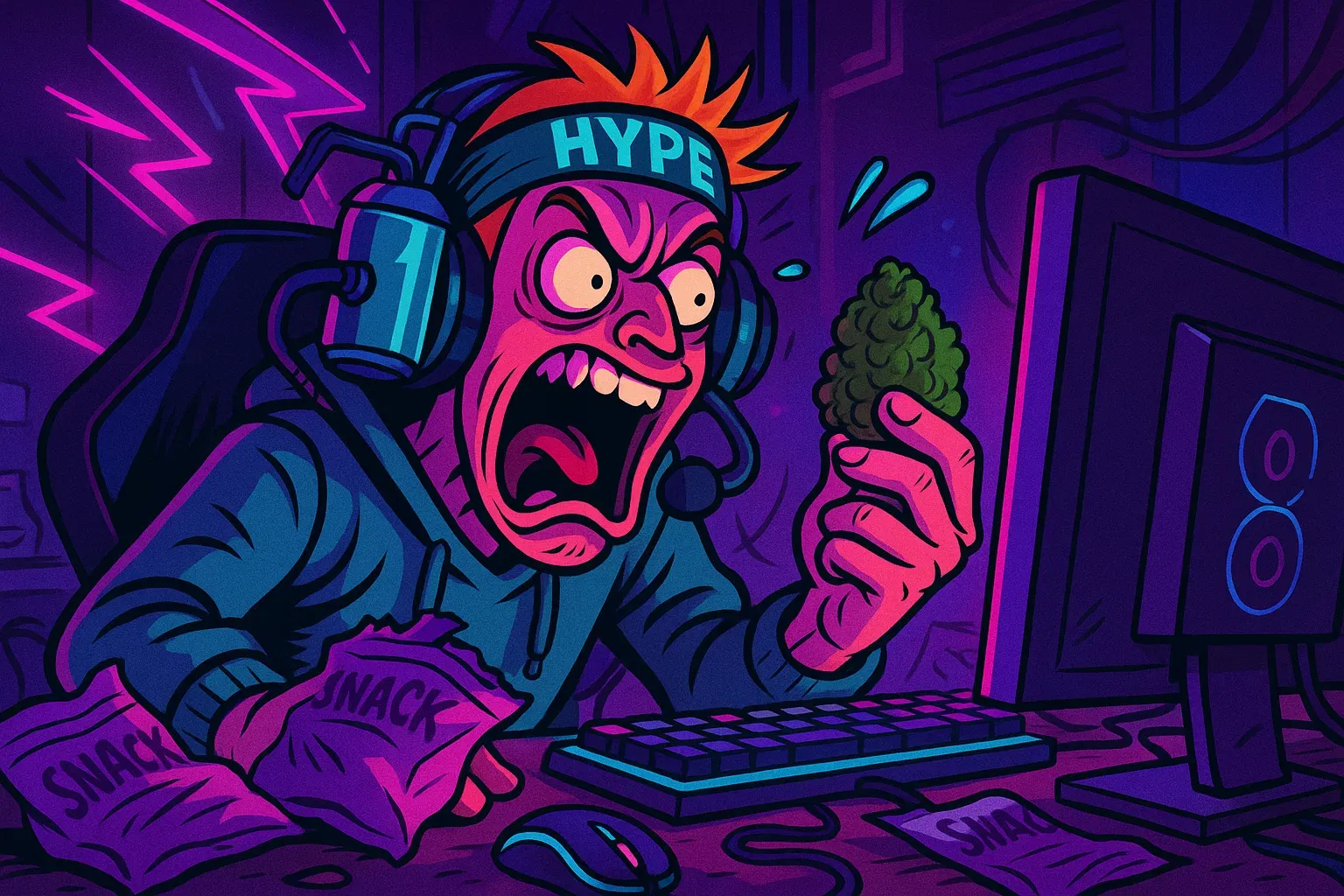 Ein hyperaktiver Twitch-Streamer in einem neon-beleuchteten Zimmer beäugt skeptisch einen dichten, dunklen Afghani-Bud.