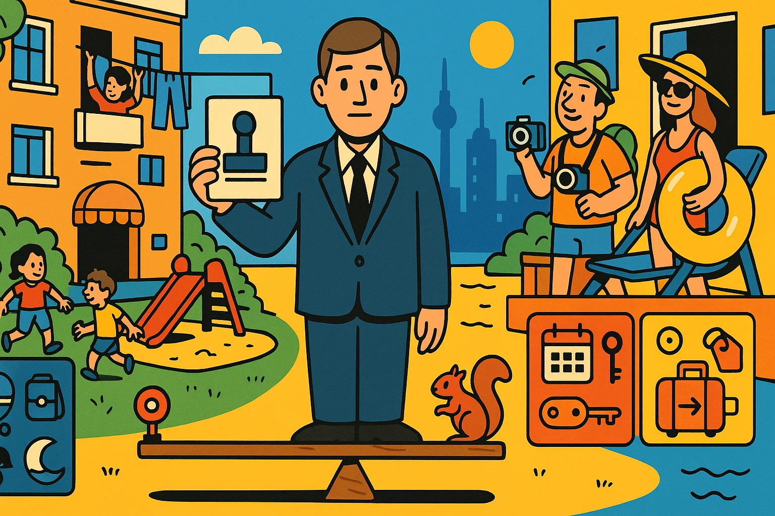 Illustration: city view with residential buildings and monitoring