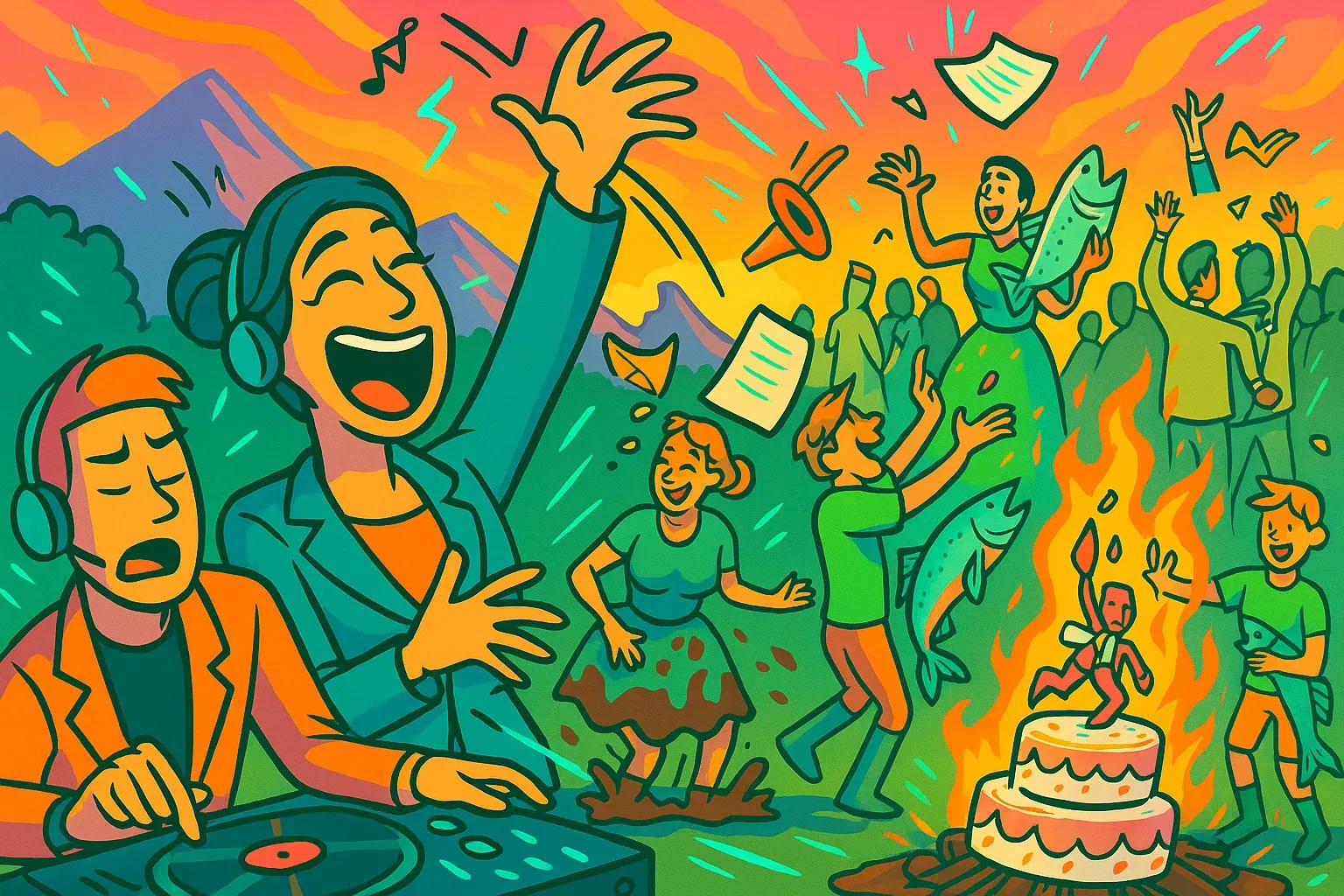 Comic: Heidi dirigiert eine wilde, spontane Party am Flussufer.