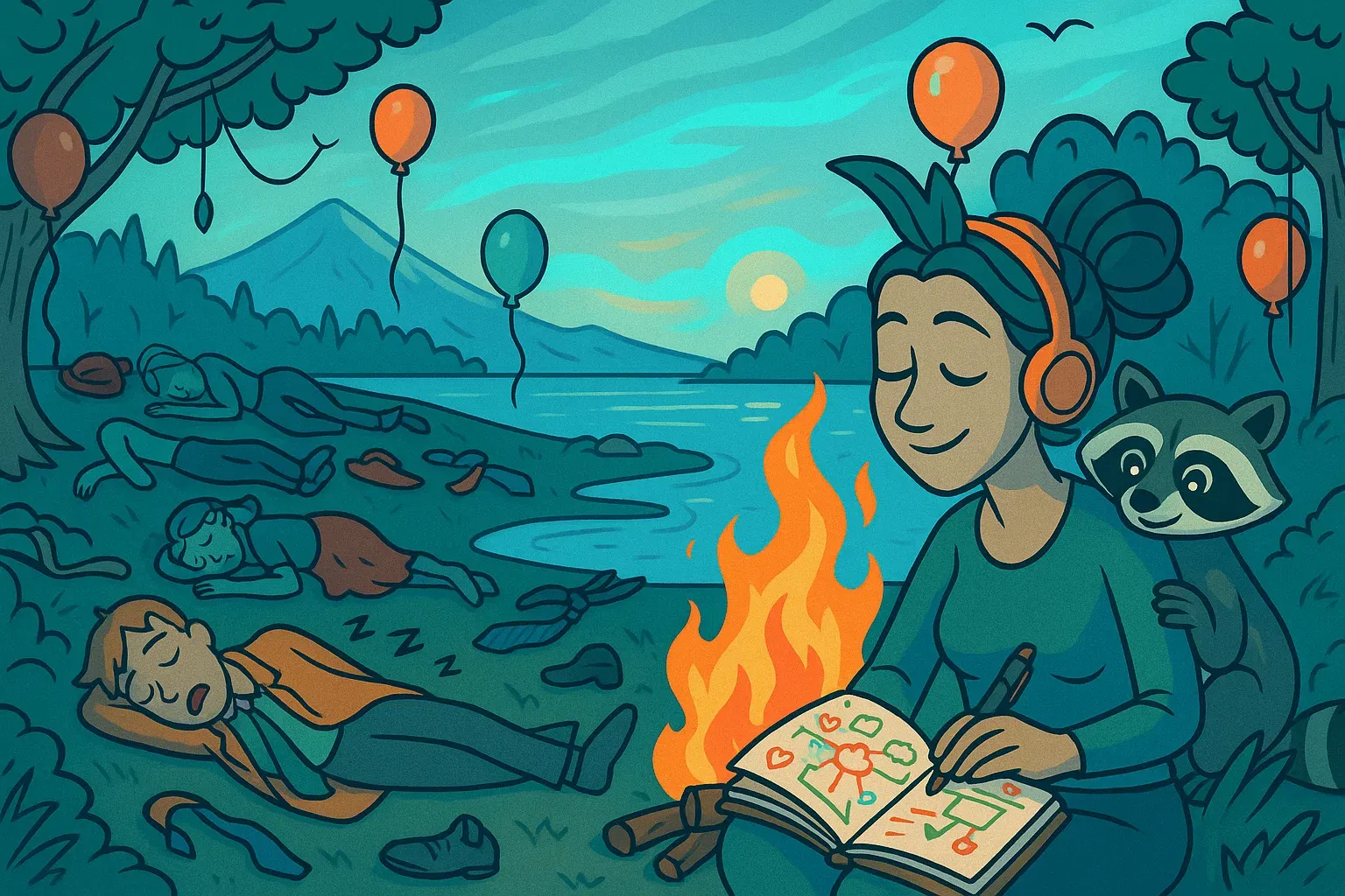 Comic: Heidi sitzt entspannt am Lagerfeuer und entwirft ein neues, chaotisches Konzept.