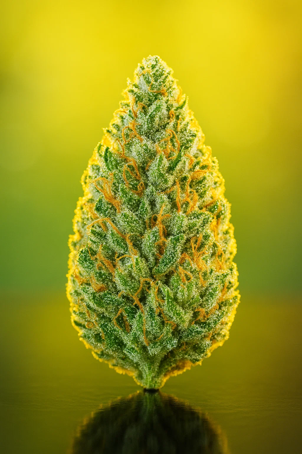 Nahaufnahme einer harzigen Amnesia Haze Cannabisblüte mit leuchtend orangen Härchen