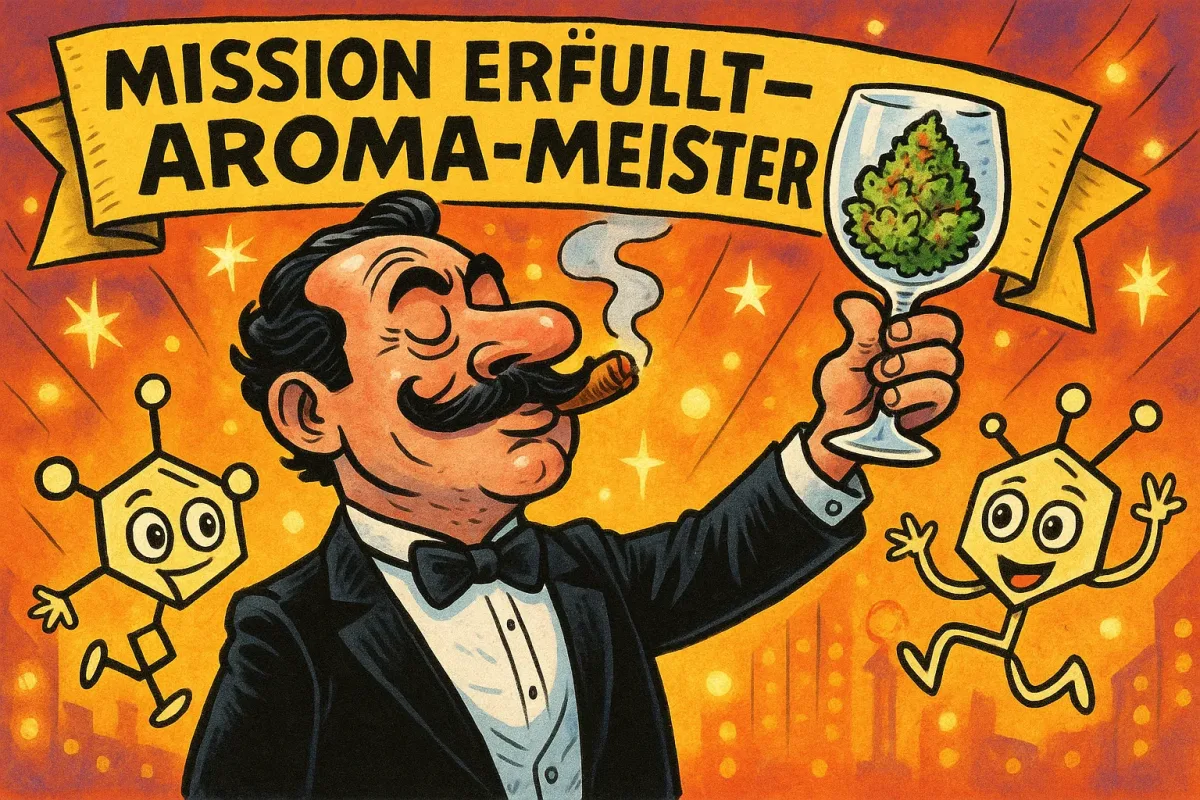 Ilustración: Moléculas de terpenos flotando entre plantas de cannabis en una jungla aromática