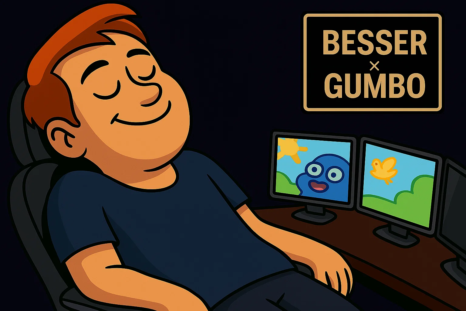 Dexter hundido en su silla gamer mirando un cartoon con expresión zen