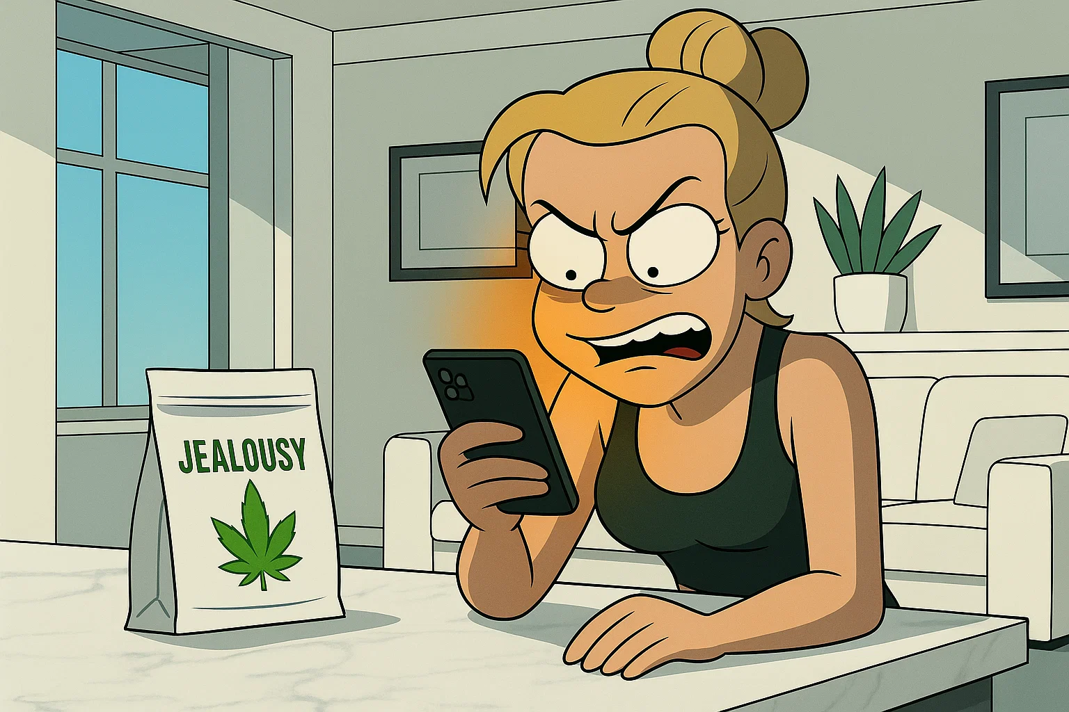 Influencer observa furiosa el móvil y mira el cogollo de Jealousy como si fuese un arma secreta