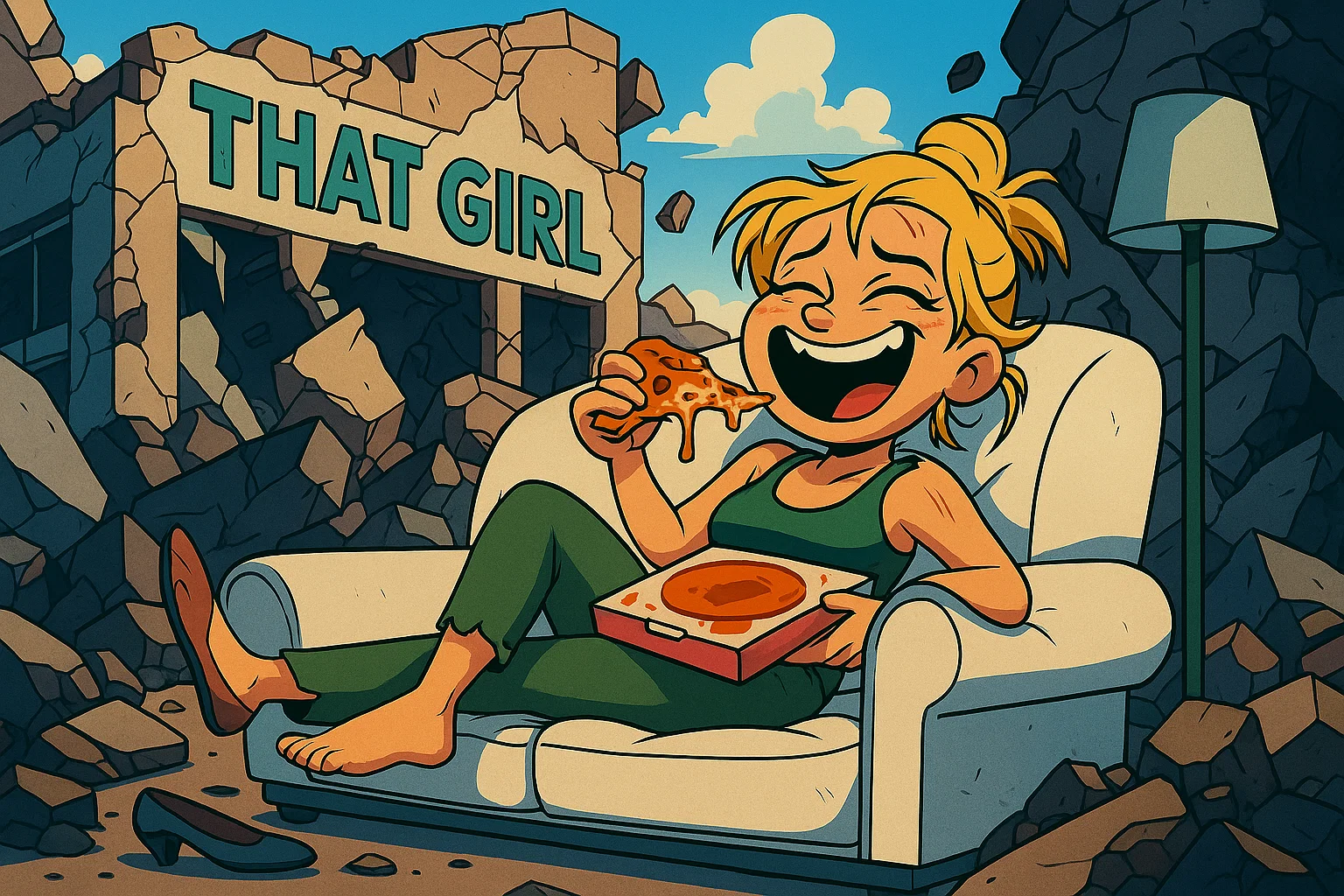 Tiffany se desploma feliz en su sofá perfecto, sin preocuparse por su agenda