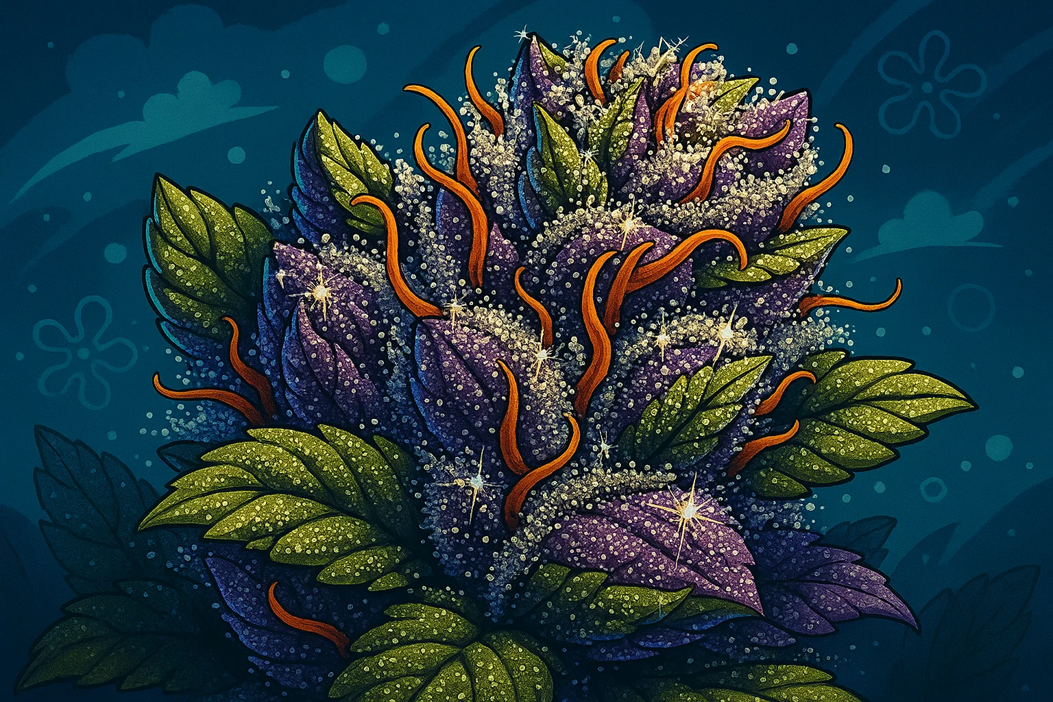 Primer plano de cogollo Jealousy con colores morados y verdes intensos