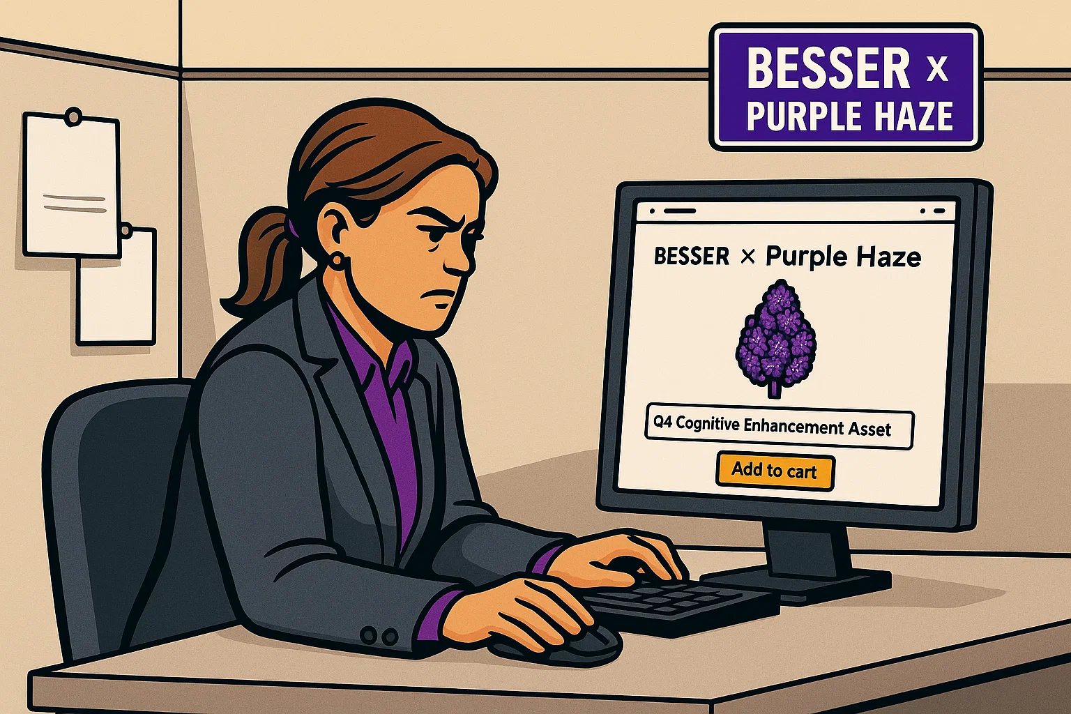 Brenda en su cubículo gris, ordenando Purple Haze en su computadora, etiquetando el gasto como 'Recursos de Mejora Cognitiva'