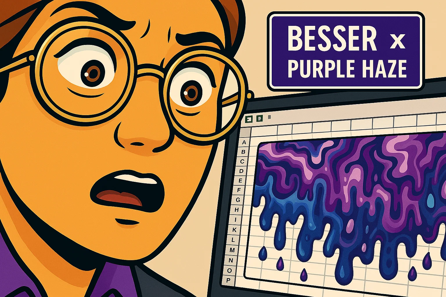 Brenda mirando su hoja de cálculo de Excel donde las líneas y números se derriten en patrones psicodélicos morados