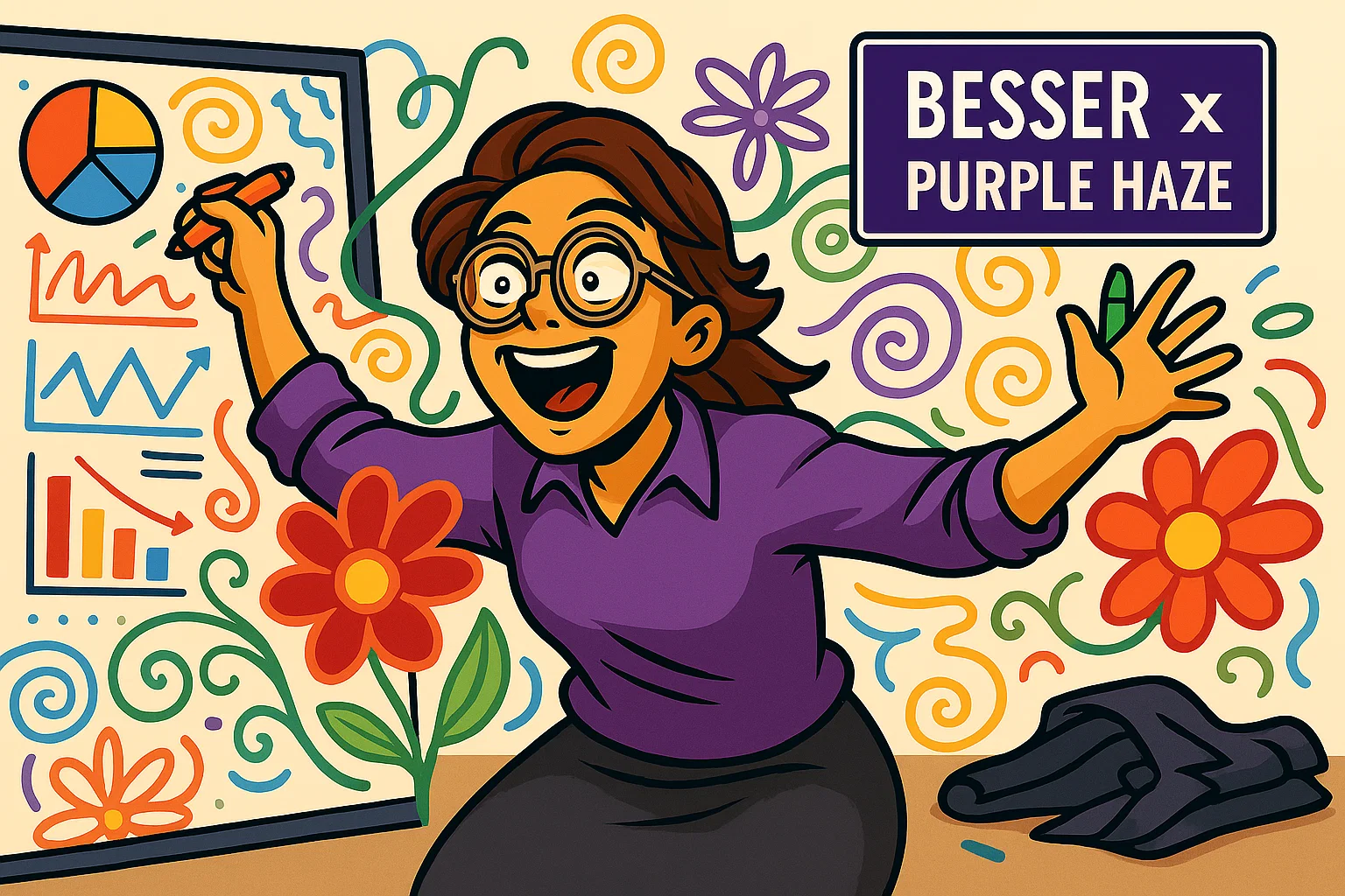 Brenda dibujando frenéticamente mapas mentales coloridos y flores sobre los gráficos financieros en una pizarra