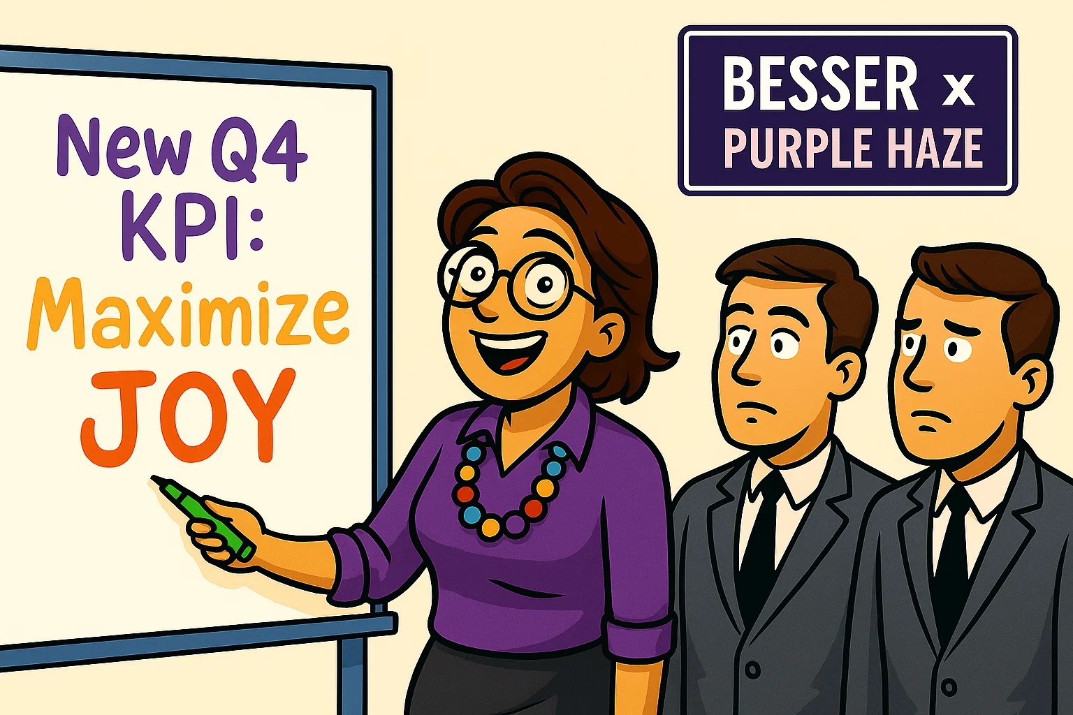 Brenda en reunión de negocios al día siguiente, con collar de cuentas colorido, sugiriendo un 'chequeo de vibras del equipo'