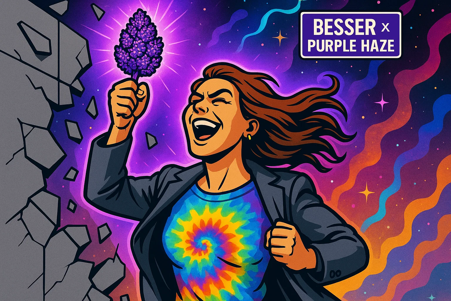 Brenda, gerente corporativa transformada en visionaria creativa, sosteniendo un cogollo brillante de Purple Haze