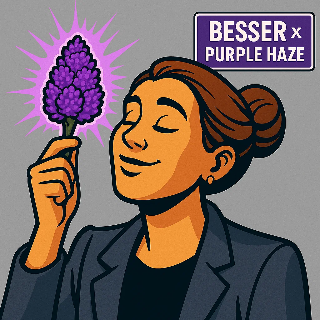 Cover cuadrado de Purple Haze con cogollo morado brillante