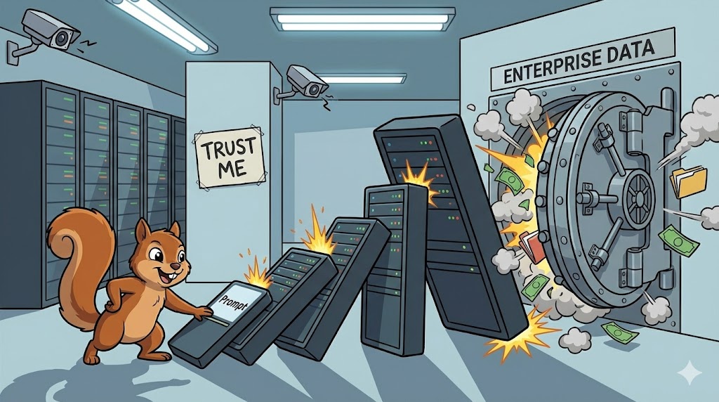 Satirische Karikatur: Dominosteine fallen um und sprengen einen Datentresor, ausgelöst durch einen Prompt