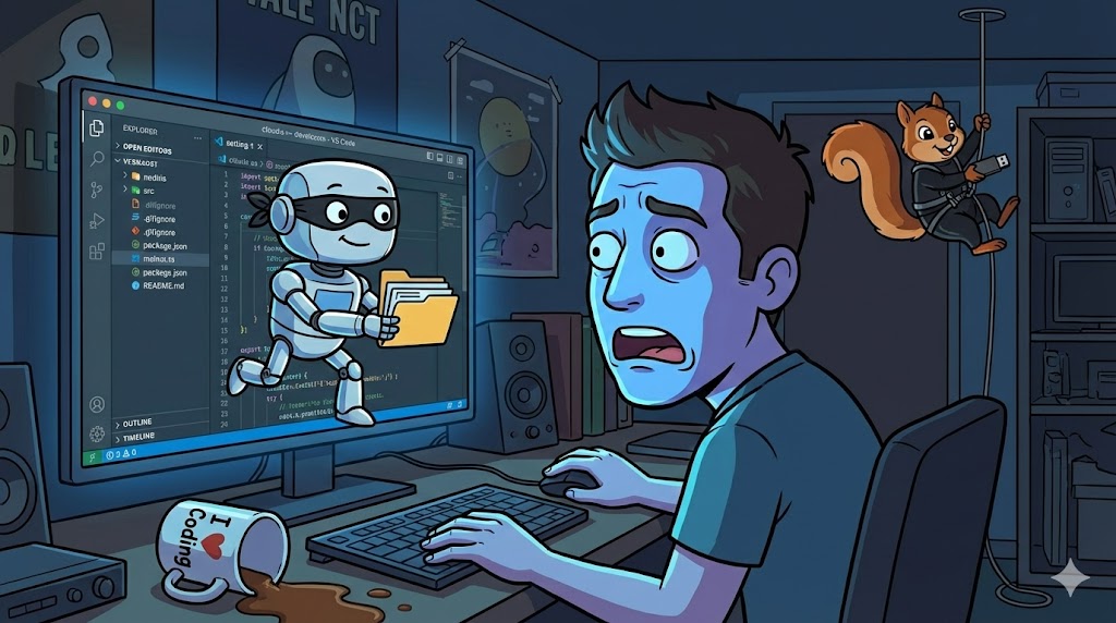 Satirische Karikatur: Ein niedlicher Claude-Roboter mit Diebesmaske klaut Daten aus einem VS Code Editor