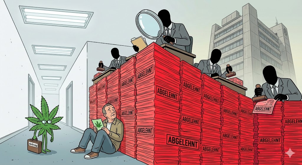 Ein erschöpfter Mediziner in weißem Kittel sitzt vor einem gigantischen Berg aus roten Regress-Dokumenten und Warnschreiben, während draußen vor der Tür ein verzweifelter Patient mit seinem grünen Rezept wartet