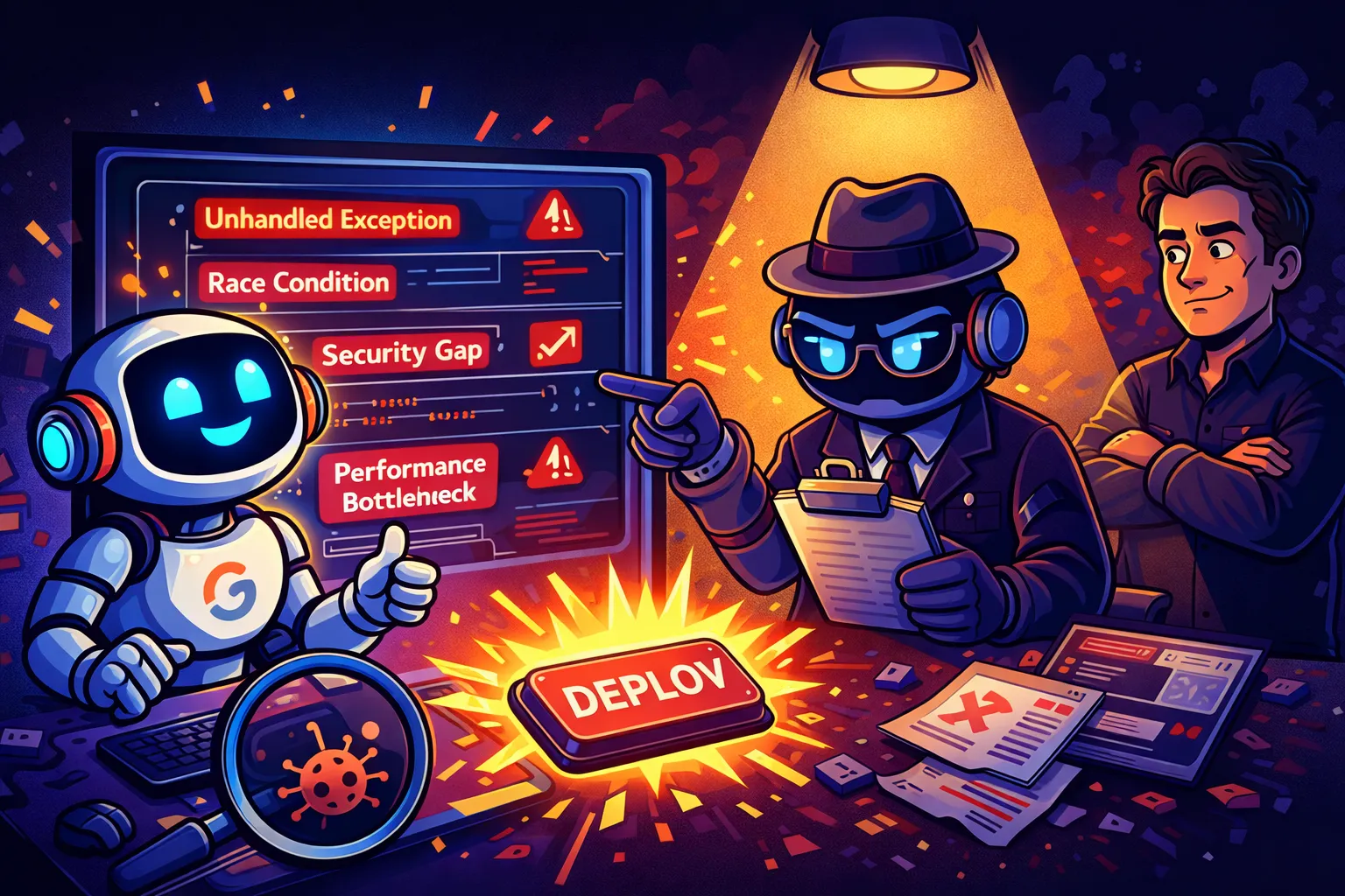 Deploy-Button wird gedrückt während unsichtbare Bugs wie Unhandled Exceptions, Race Conditions und Security Gaps lauern