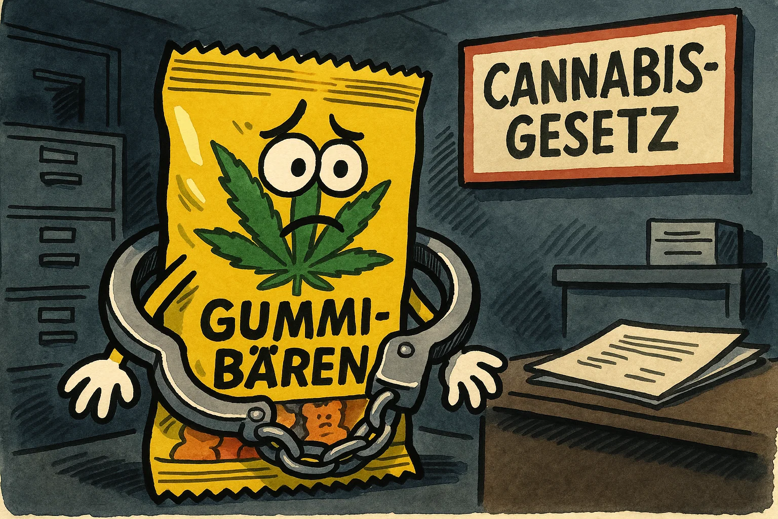 Symbolbild: Polizeiabsperrband vor einem Regal mit bunten Cannabis-Süßwaren in einem Shop in Barcelona