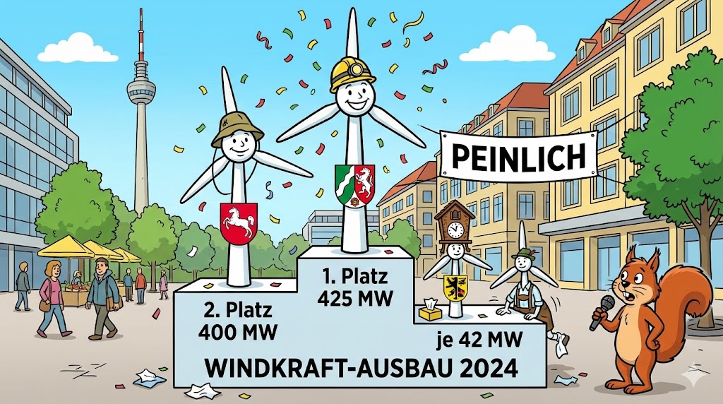 Karikatur: Olympia-Siegertreppchen für Windkraft-Ausbau mit NRW auf Platz 1, Baden-Württemberg und Bayern ganz unten auf dem letzten Platz.