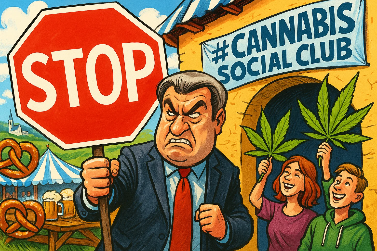 Symbolbild: Bayerische Flagge mit einem durchgestrichenen Cannabis-Blatt, Markus Söder im Hintergrund