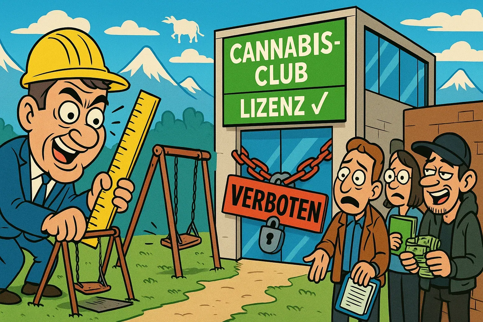 Bayern: Cannabis-Club-Blockade mit absurden Methoden Karikatur: Söder baut Mini-Spielplatz neben Cannabis-Club-Gebäude, dahinter verzweifelte Club-Betreiber mit leeren Taschen, während Dealer im Hintergrund Geld zählen