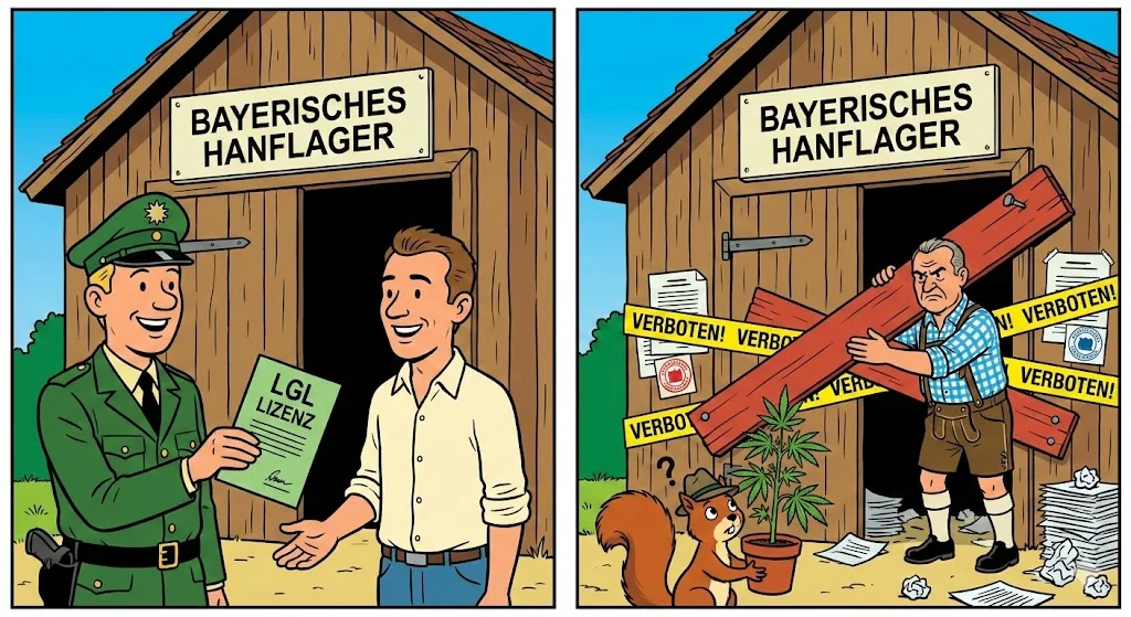 Grafik: Ein Cannabis-Club mit einem grünen Haken (Lizenz) aber einem roten Vorhängeschloss (Baurecht).