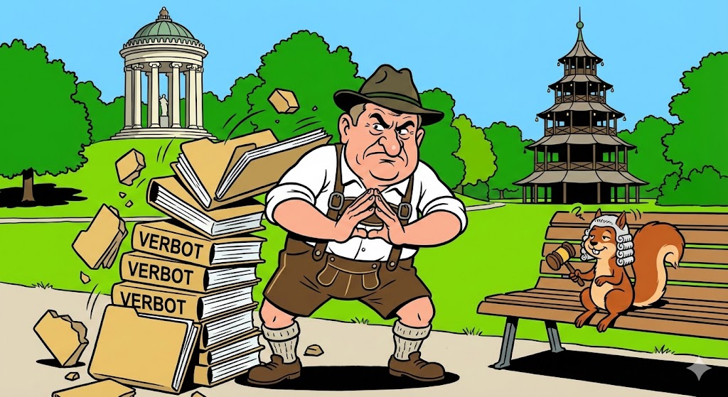 Karikatur: Söder in bayerischer Tracht versucht verzweifelt, eine bröckelnde Mauer aus Aktenordnern um den Englischen Garten zu halten, während ein Eichhörnchen mit Richterperücke entspannt davor sitzt.