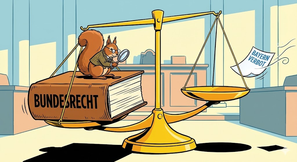 Illustration: Eine Waage der Justitia. Auf der einen Seite liegt ein schweres Gesetzbuch 'Bundesrecht', auf der anderen Seite fliegt ein leichtes Blatt Papier 'Bayern Verbot' davon. Ein Eichhörnchen liest interessiert im Gesetzbuch.