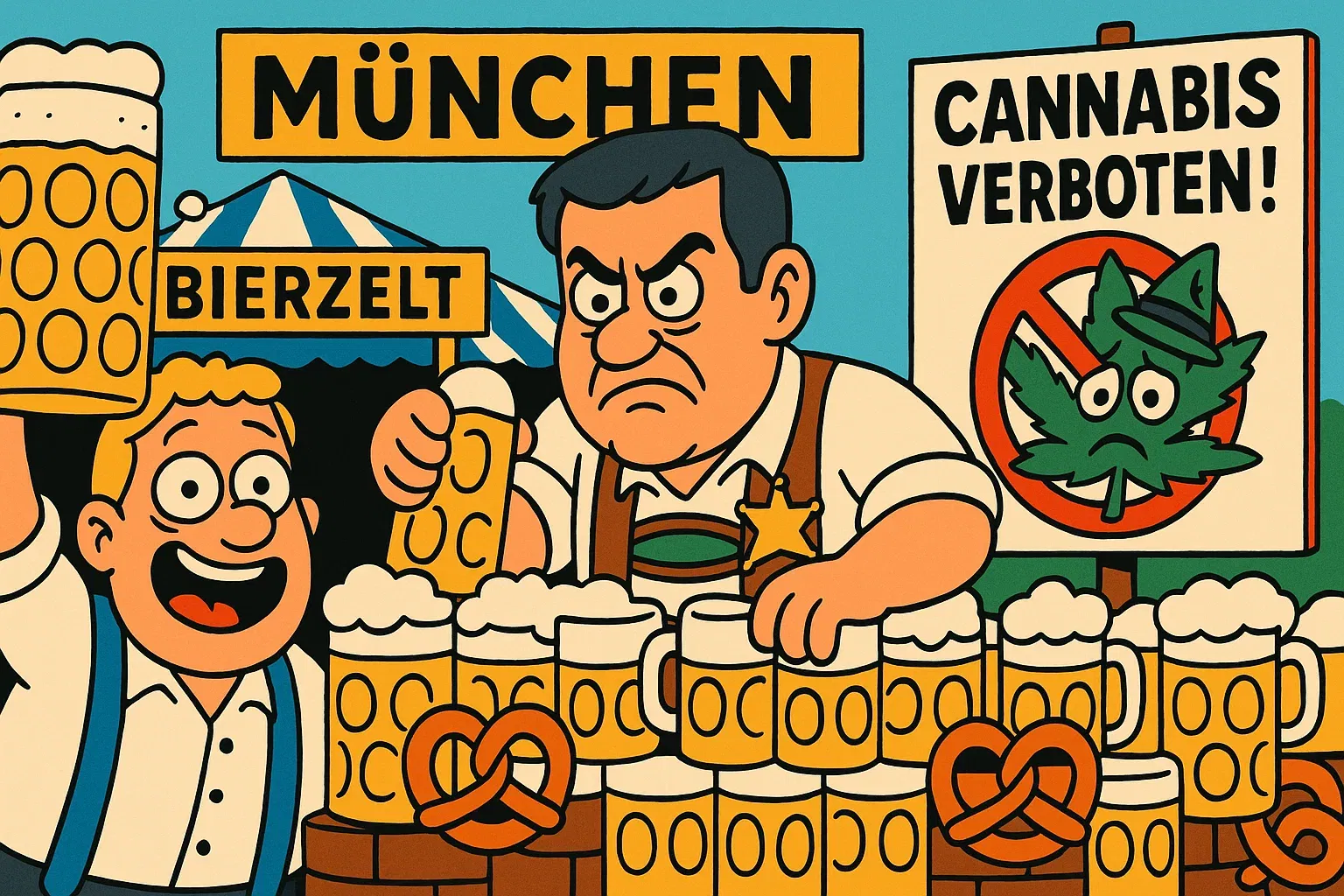 Karikatur von Markus Söder als Sheriff, der Cannabis auf dem Oktoberfest verbietet