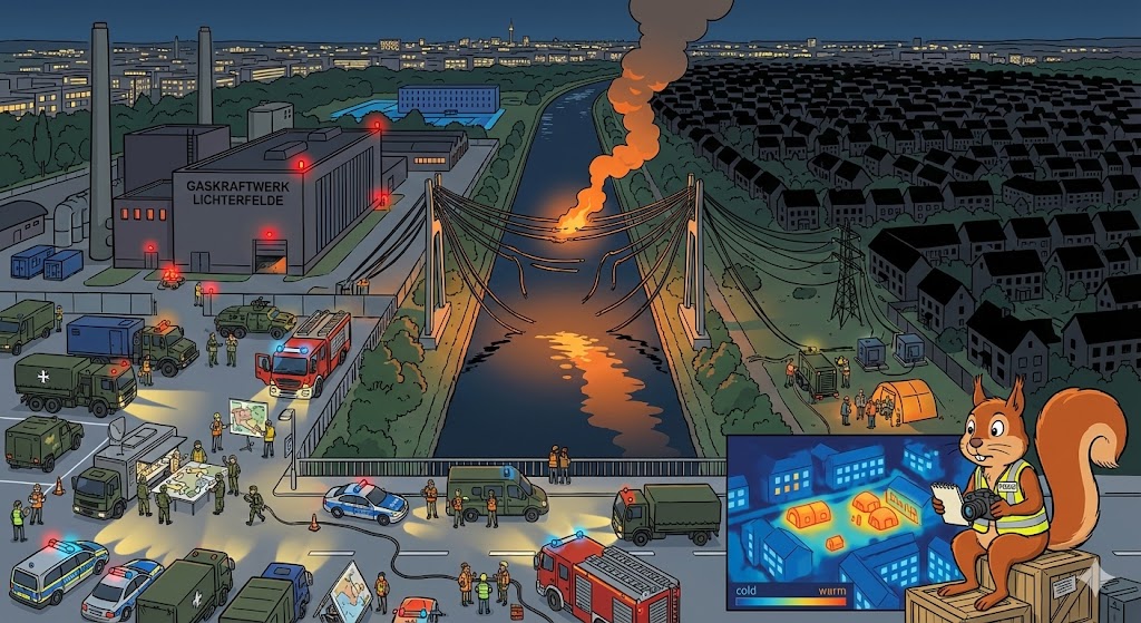 Karikatur: Vogelperspektive auf die zerstörte Kabelbrücke, Bundeswehr im Einsatz.