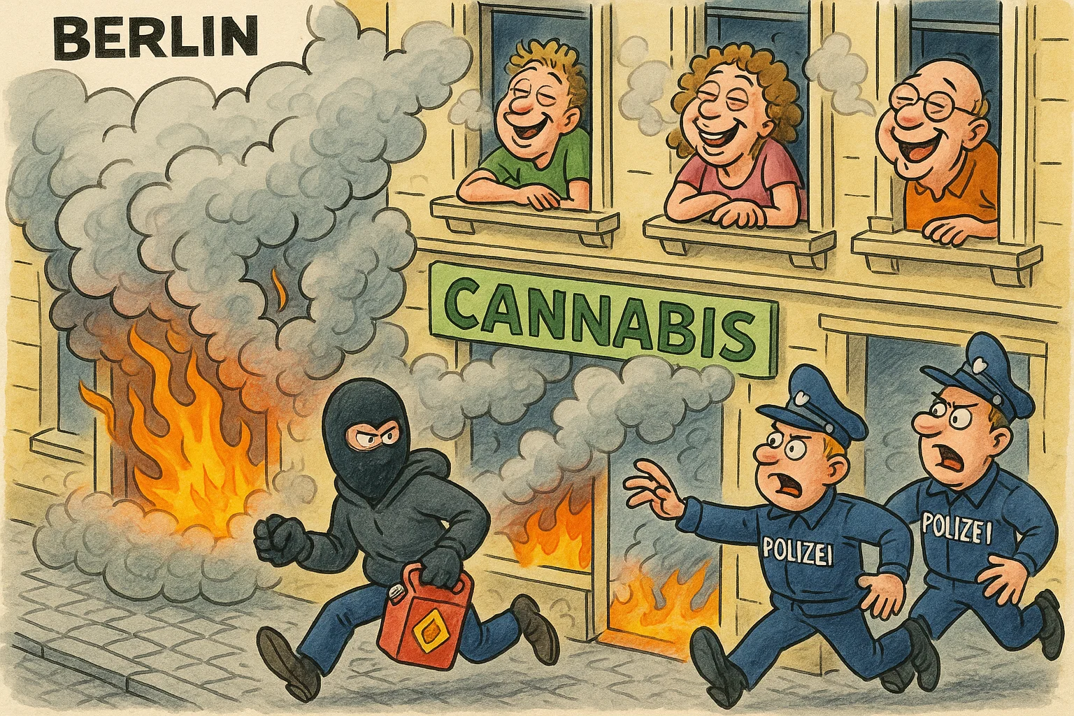 Karikatur: Ein Cannabis-Geschäft steht zwischen den Fronten. Auf der einen Seite eine Figur mit der Aufschrift 'Schwarzmarkt', auf der anderen ein schreiender Politiker.
