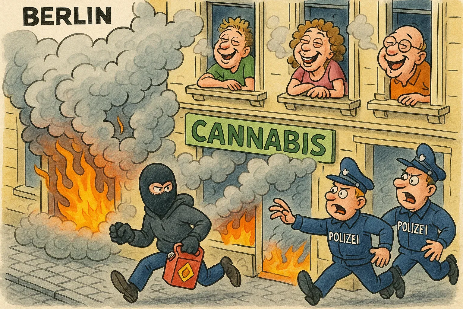 Anschlag auf Cannabis-Shop: Ein Konflikt mit zwei Gesichtern Karikatur: Ein Cannabis-Geschäft steht zwischen den Fronten. Auf der einen Seite eine Figur mit der Aufschrift 'Schwarzmarkt', auf der anderen ein schreiender Politiker.